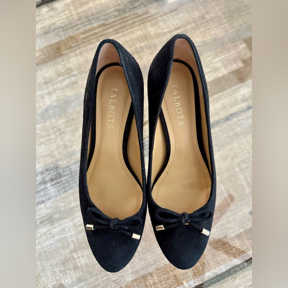 Talbots Black Suede Flats with Bow Detail